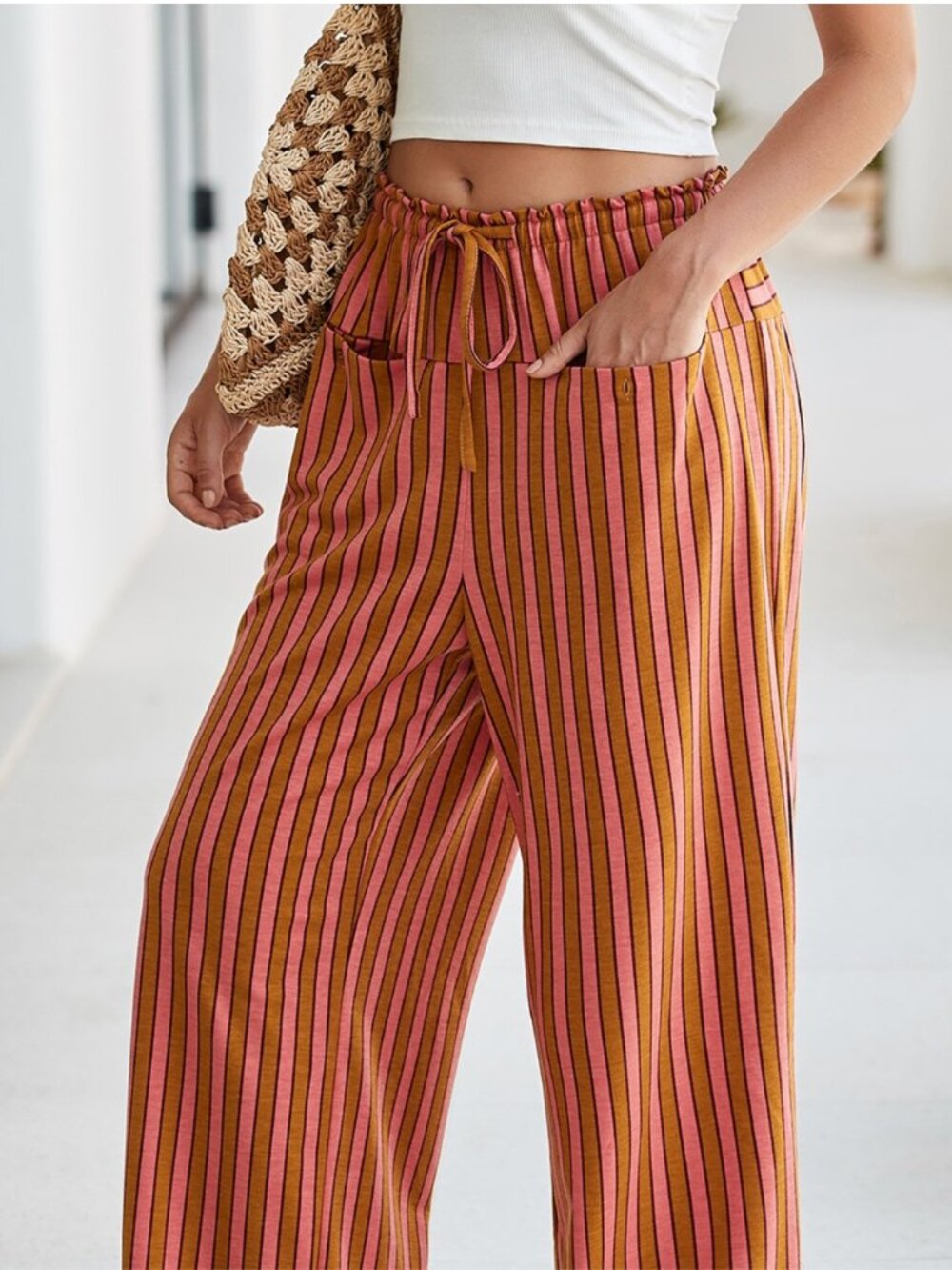 NWOT Brown and Pink Striped Wide Leg Pants | Size Small